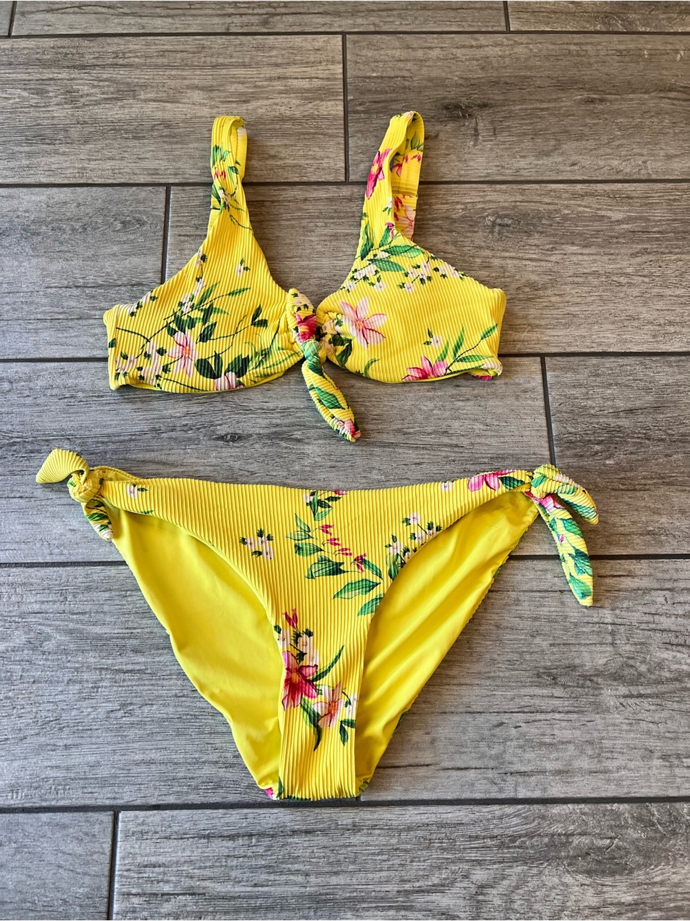 TiniBikini Yellow Floral Ribbed Tie Bikini